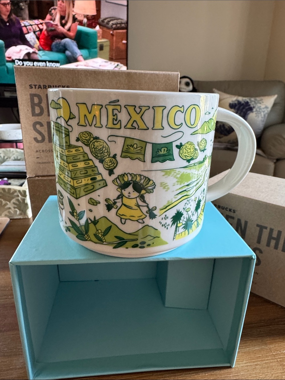 14 oz Starbucks Mexico Mug - Green & Yellow Illustrated Design